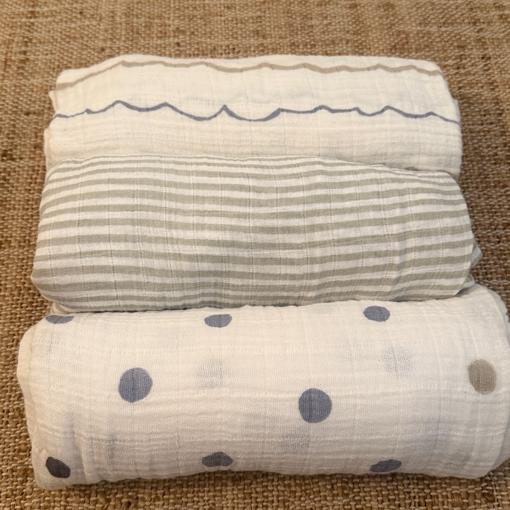 Set of 3 Aden + Anais / Pehr Muslin Swaddles Blue Gray Colors